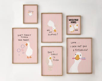 Bathroom Wall Art Set Of 6, Pink Stripes Duck Nursery Quotes, Farmhouse Digital Download