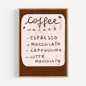 Arte de parede para impressão de menu de café – Decoração de café moderna para cozinha | Pôster de café expresso, macchiato, cappuccino, latte | Download instantâneo