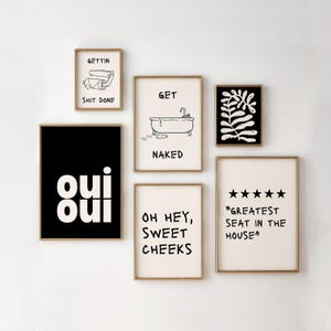 Black Bathroom Wall Art - Set of 6 PRINTABLES - Modern Bathroom Prints, Funny Bathroom Decor, Trendy Wall Art, Digital Download