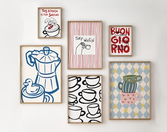Printable Kitchen Wall Art Set, Retro Coffee Posters, Moka Pot Gallery Wall, Digital Download