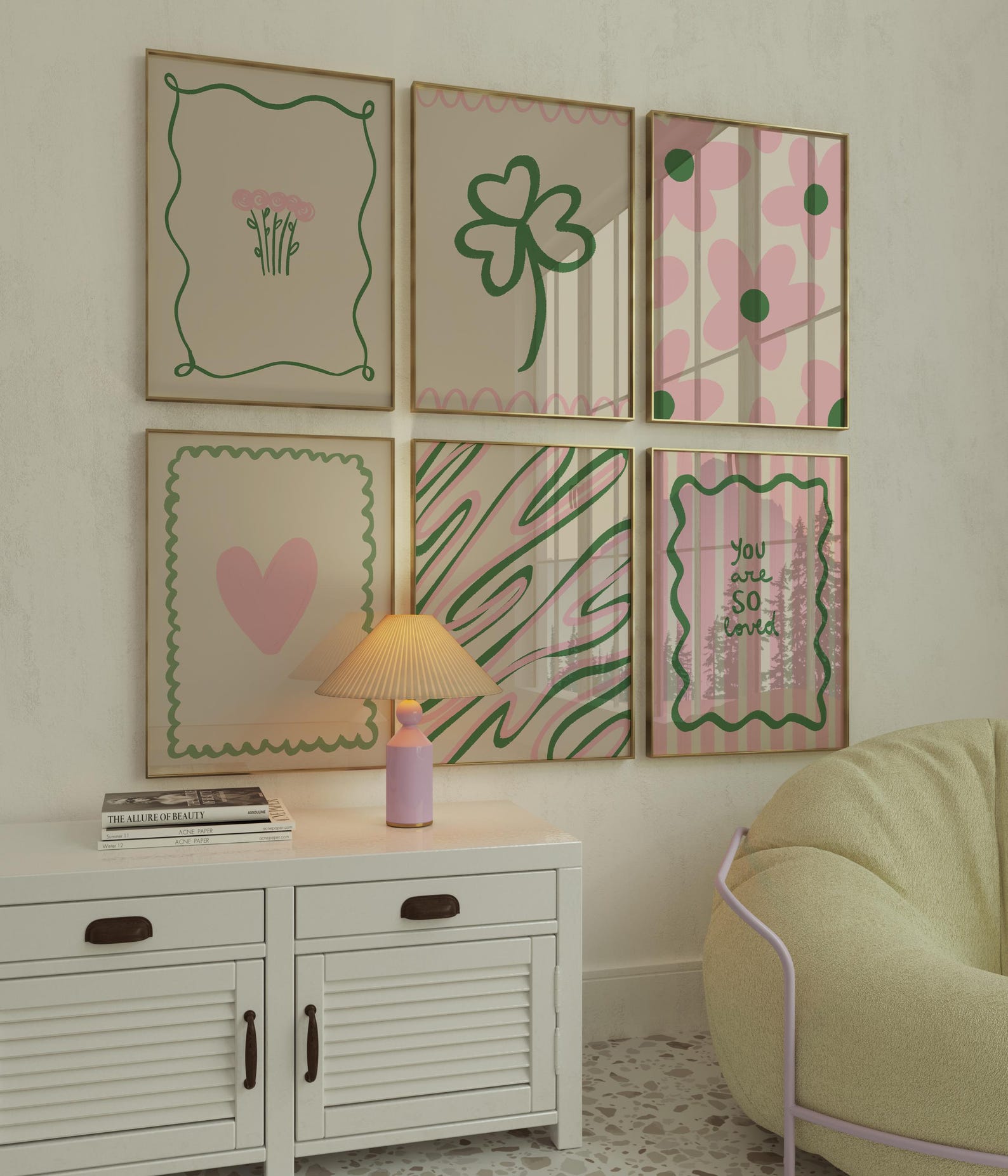 Printable Nursery Wall Art Set of 6, Pink and Green Preppy Prints - Etsy