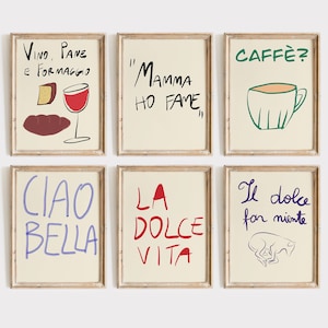 Italian Wall Art | Set Of 6 Printable | Italian Wall Decor | Italian Gifts | Hand Draw Decor | Digital Download Printable | Italian Set