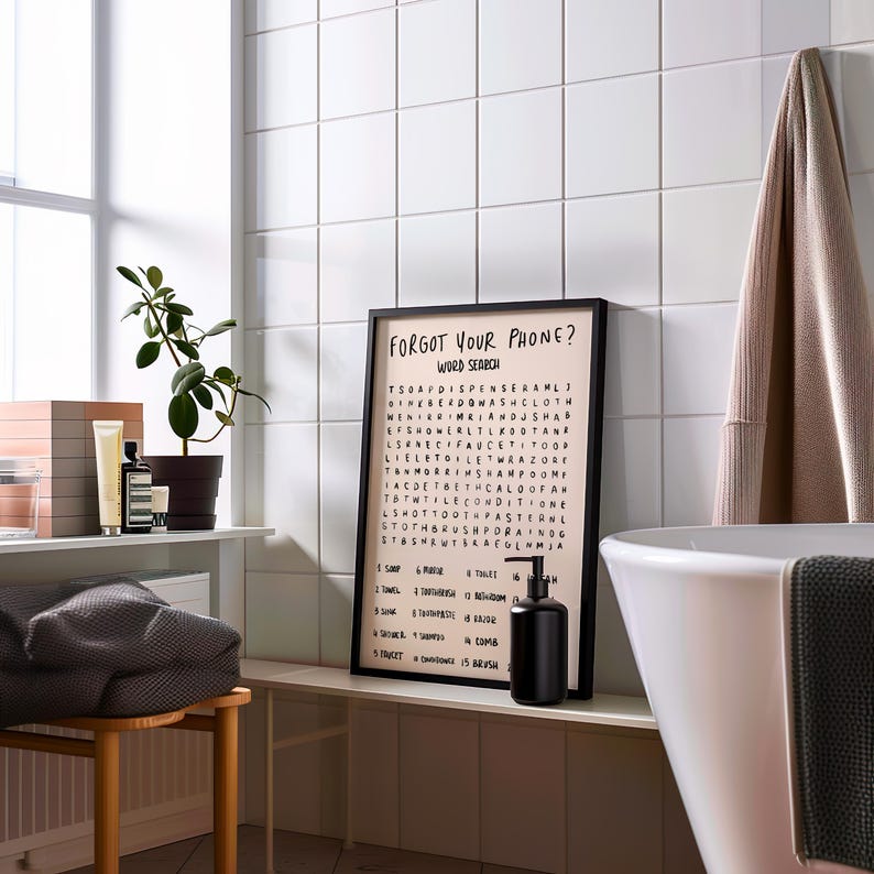 Bathroom Word Search Print, Forgot Your Phone Sign, Funny Guest Bath Wall Art image 9