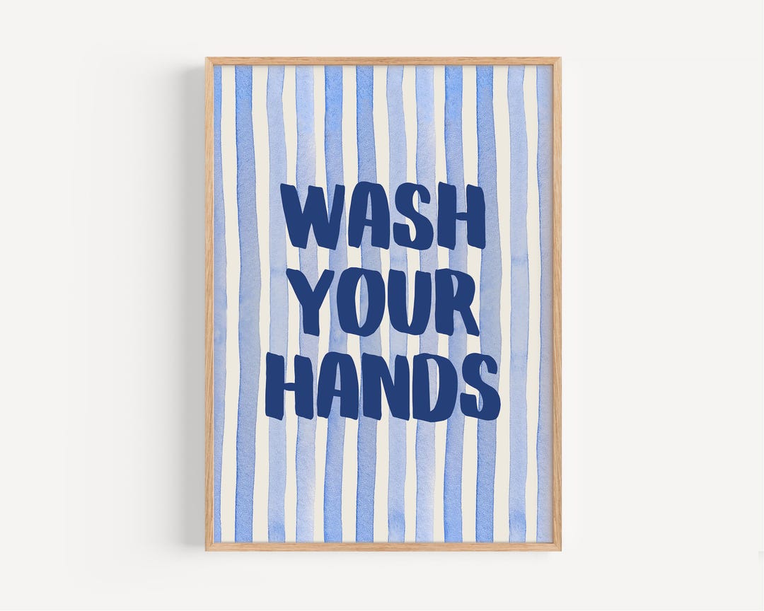 Wash Your Hands Art Print: Blue Watercolor Bathroom Decor (instant ...