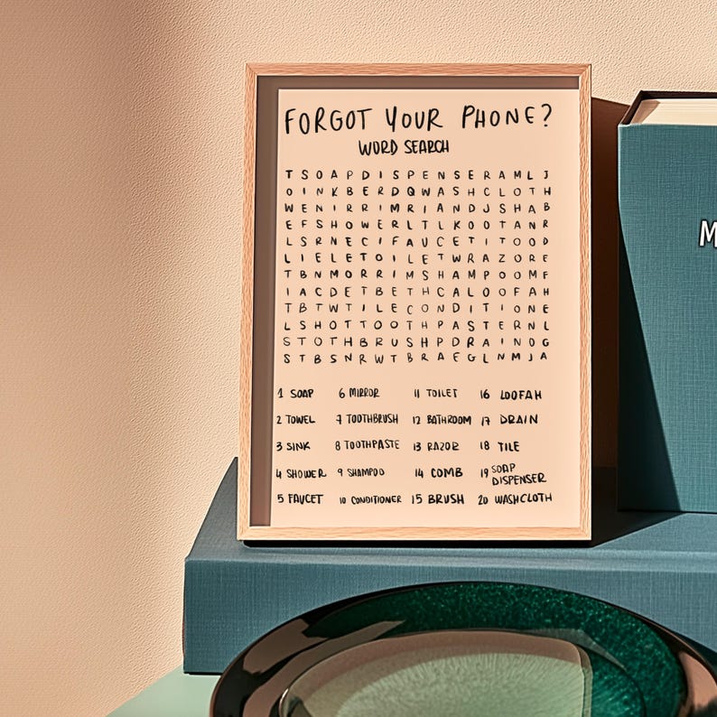 Bathroom Word Search Print, Forgot Your Phone Sign, Funny Guest Bath Wall Art image 7