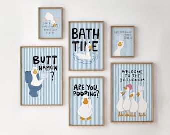 Funny Duck Bathroom Wall Art Set of 6, Blue Printable Posters, Guest Bath Decor