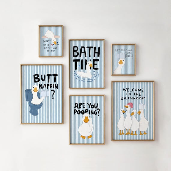 Funny Duck Bathroom Wall Art Set of 6, Blue Printable Posters, Guest Bath Decor
