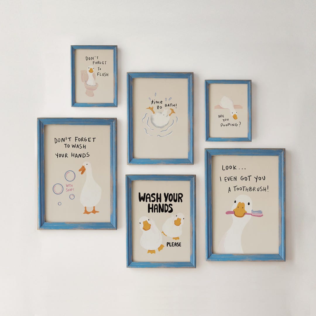 Bathroom Wall Art Set of 6, Funny Duck Bathroom Prints, Contemporary ...