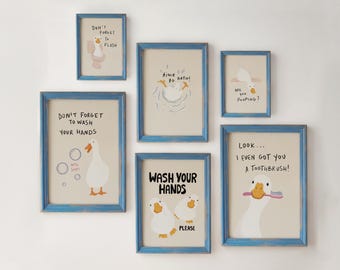 Bathroom Wall Art Set Of 6, Funny Duck Bathroom Prints, Contemporary Digital Download
