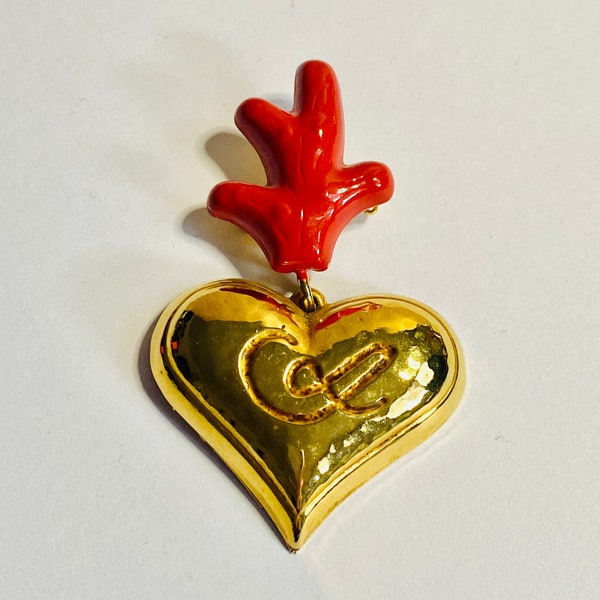 Rare Vintage Brooch Christian Lacroix CL monogram golden heart brooch with faux coral Designer jewelry