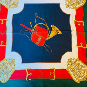 Vintage silk scarf signed Italian Fillorio 90x90 cm White, green and red Gift for women