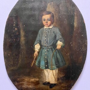 Antique oil portrait XIX Child with hoop, original oil painting, Oil on wood panel, portrait of boy