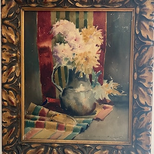 Antique watercolor painting Casimir Raymond (1870-1955) Still life with flowers In its carved wooden frame