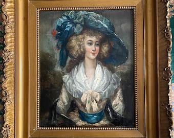 Original painting from the 19th century. Portrait of a woman with a hat in the style of the 18th century. Oil on panel. Framed painting. Canvas painting