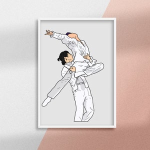 May include: A black and white line drawing of two people dancing. The person in the front is holding the other person up in the air. Both people are wearing white clothing.