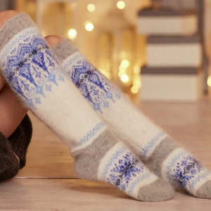 Goat Wool Boot Socks, Knee High Socks, Fluffy Organic Blue and White Long Wool Socks, Gift for Mom, Thick Nordic socks, Hygge Cozy Socks