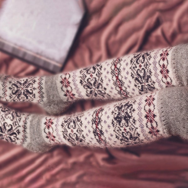 Over-the-Knee Goat Wool Socks, Knitted Warm Boot Socks, Fuzzy Organic Wool Socks, Thermal Fuzzy Socks, Thick Women's Boot Socks