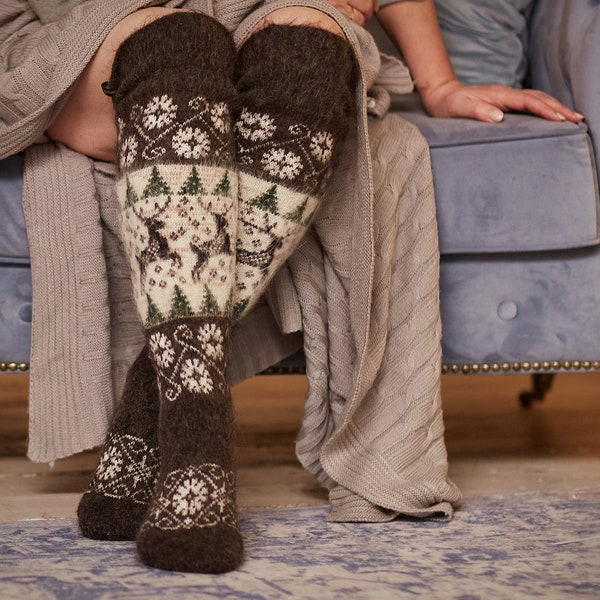 Goat Wool Over-the-Knee Socks, Knit Warm Boot socks, Fluffy Comfy Thermal Socks, Organic Wool Long Socks for Women, Gift for friend