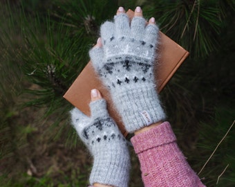 Fingerless Knitted Wool Gloves Cute Fall Accessory or Gift for Cold Person, Forest Reflections