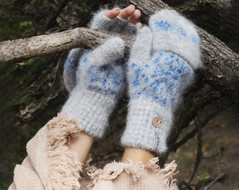 Cozy Wool Convertible Mittens Perfect for Knitting or Gift for Cold Person, Blue Blizzard
