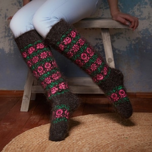 Knitted Wool Boot Socks Made with Fluffy Organic Wool, Perfect Winterwear for Her Cute Flower Pattern, Bountiful Blossoms