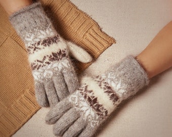 Hygge Soft Goat Wool Gloves, Knitted Warm Women's Winter Gloves, Soft Fuzzy Gloves, Cold Weather Wool Gloves, Frosted Snowflakes