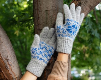 Women’s Merino Wool Winter Gloves, Soft Gray and Blue Knit Wool Gloves, Warm Cozy Full-Finger Gloves, Handmade Gift, Blizzard Blossom