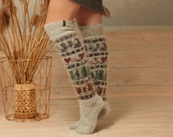 Natural Goat Wool Knee-High Socks, Knitted Warm Boot Socks, Fuzzy Comfy Wool Socks, Grey Wool Socks with Forest Animals, Forest Friends