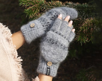 Flip Top Wool Gloves, Convertible Winter Gloves, Great Gift for Fall Lover, Midnight Veil