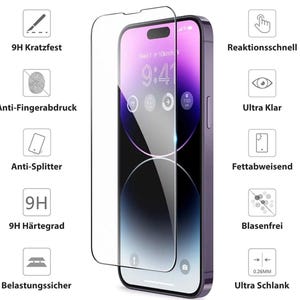 Könnte beinhalten: Ein klarer Displayschutz für ein Smartphone mit lila Rahmen. Der Schutz wird neben dem Telefon gezeigt, mit Symbolen, die Funktionen wie Kratzfestigkeit, Anti-Fingerabdruck und ultradünnes Design (0,26 mm) anzeigen. Das Telefon zeigt die Uhrzeit 9:41 an.
