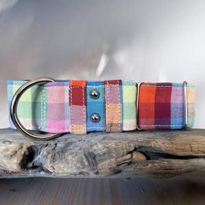 May include: A multi-coloured plaid dog collar with a silver metal D-ring and hardware. The collar has a patchwork design with shades of blue, red, orange, green, and pink. The collar is resting on a piece of driftwood.