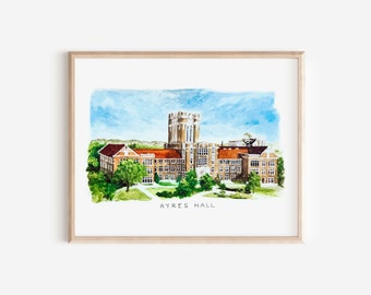 Ayres Hall, University of Tennessee Watercolor, Tennessee Volunteers, Vols, unframed