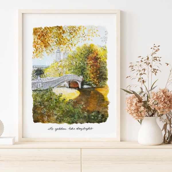 Es dorado como la luz del día, Central Park, Nueva York, impresión artística de acuarela pintada a mano y póster (firmado, sin marco)