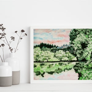 Biltmore Estate hand painted in Acrylic, Asheville, Sunset at the Lagoon Acrylic, North Carolina, Lake, Art Print, unframed