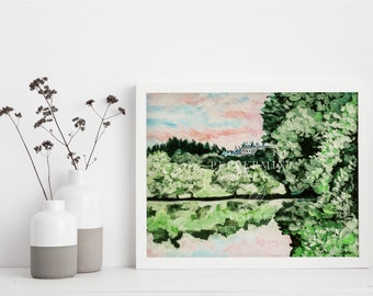 Biltmore Estate hand painted in Acrylic, Asheville, Sunset at the Lagoon Acrylic, North Carolina, Lake, Art Print, unframed