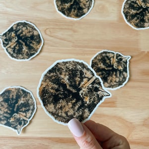 Tortoiseshell Hand-Painted Watercolor Napping Cat Sticker, Weatherproof