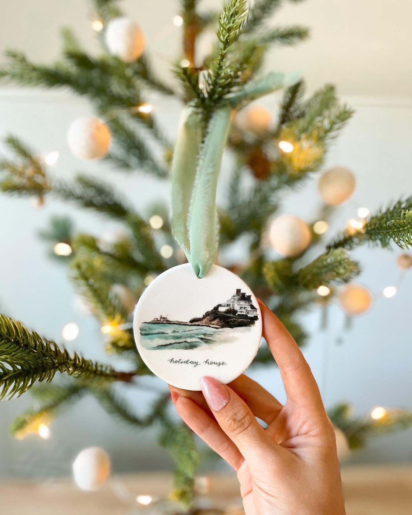 Holiday House Watercolor Rhode Island Ornament