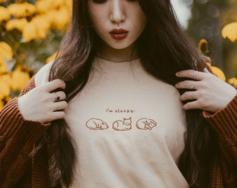 embroidered T-shirt // "i'm sleepy" - cat sleeping positions embroidery | beige brown cotton tee, shirt