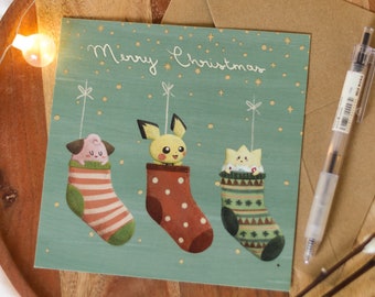 square print // "Merry Christmas" Poke monster in stockings illustration - with gold foil stamping / greeting card, postcard, xmas