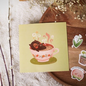 Impression carrée // Motif « Chat dans une tasse de thé » - Latte aux épices pour chat et citrouille | Illustration, impression numérique, tirage d'art