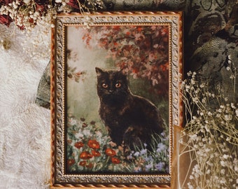 A5 // &quot;Black cat between wildflowers&quot; illustration, cat portrait in antique vintage style // art print, poster