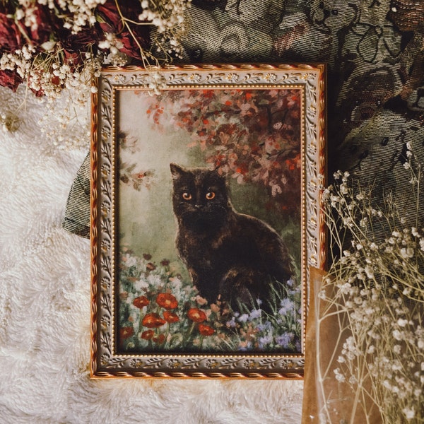 A5 // "Black cat between wildflowers" illustration, cat portrait in antique vintage style // art print, poster