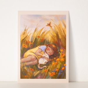 A5, A6 // Sleeping girl with cat - art print | illustration, painting, poster, postcard