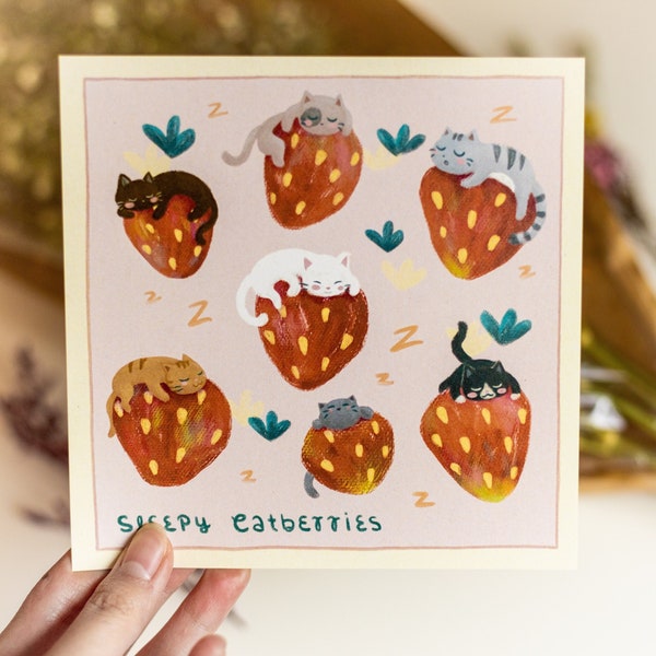 square print // "Sleepy Cat-berries" Design - cat & strawberry illustration