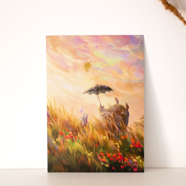 A4, A5 // Totoro - winderig zonsonderganglandschap | illustratie, schilderen, tekenen, kunstdruk, filmposter