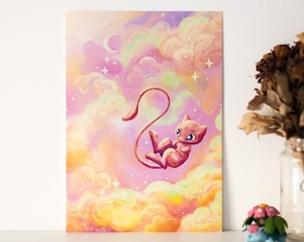 A4 // "Mew in starry sky at sunset" ミュウ // illustration, poster, art print, painting, drawing