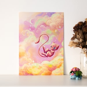 A4 // "Mew in starry sky at sunset" ミュウ // illustration, poster, art print, painting, drawing