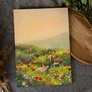 A4 // Ciervo en un campo de flores // Ilustración, pintura, impresión artística, póster