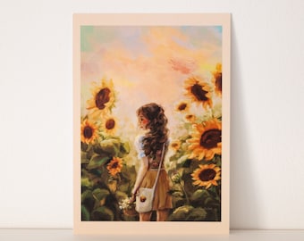 A5 // "paseo entre girasoles" - moda cottagecore | ilustración, pintura, impresión artística, póster