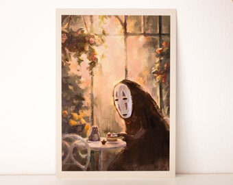 A4, A5 // no-face (Kaonashi) - greenhouse tea party scenery | illustration, art print, poster, painting, drawing